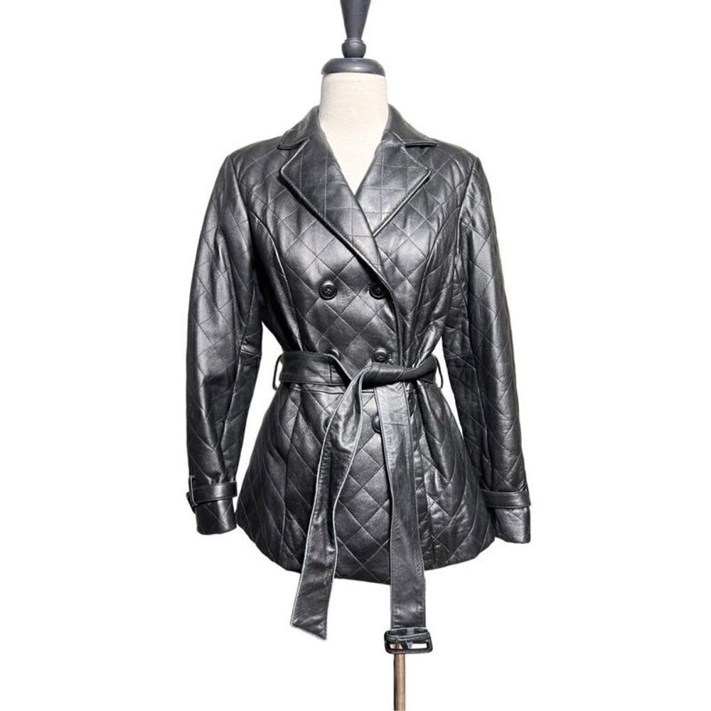 Preston & York Vintage Quilted Leather Coat Belted Peacoat Size Small